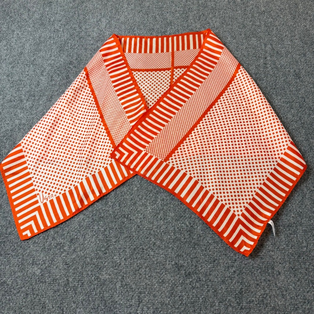 Vera Neumann Vintage Orange White Polka Dot Striped Silk Oblong Scarf 43x13